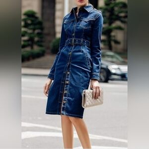 Tanming Classic Blue Denim Shirt Dress with Waist Belt Size XL